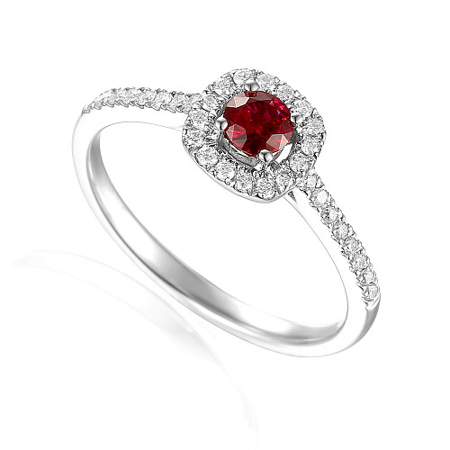 Round Brilliant Cut Ruby and Diamond Claw Set Halo Ring