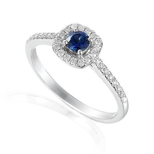 Round Brilliant Cut Blue Sapphire and Diamond Claw Set Halo Ring