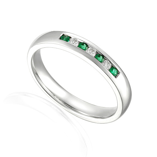 Round Brilliant Cut Emerald & Diamond Channel Set 7 Stone Ring