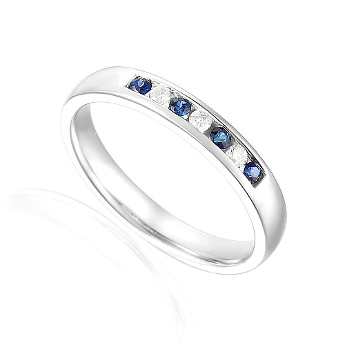Round Brilliant Cut Blue Sapphire & Diamond Channel Set 7 Stone Ring