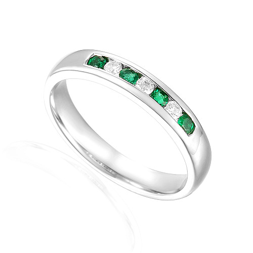 Round Brilliant Cut Emerald & Diamond Channel Set 7 Stone Ring
