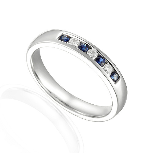 Round Brilliant Cut Blue Sapphire & Diamond Channel Set 7 Stone Ring