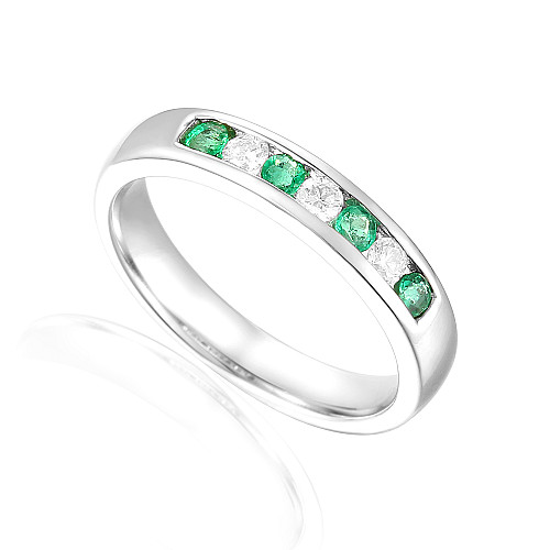 Round Brilliant Cut Emerald & Diamond Channel Set 7 Stone Ring
