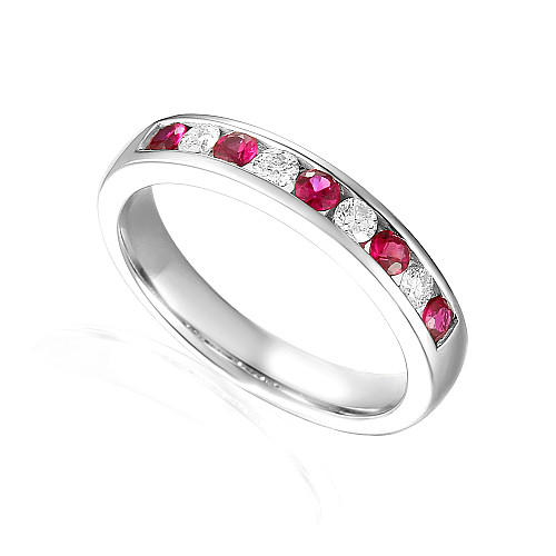 Round Brilliant Cut Ruby & Diamond Channel Set Half Eternity Ring