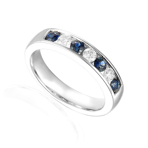 Round Brilliant Cut Blue Sapphire & Diamond Channel Set 7 Stone Ring