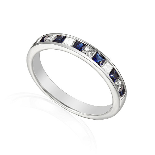 Princess Cut Blue Sapphire & Diamond Channel Set Half ET