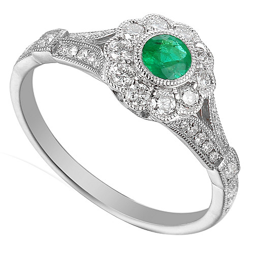 Round Brilliant Cut Emerald and Diamond Rubover Set Millgrain Setting Cluster Ring