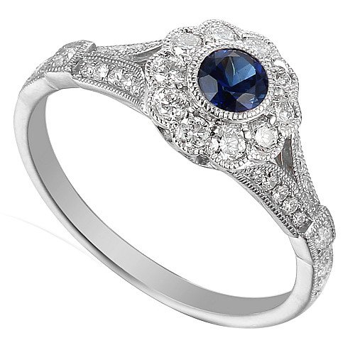 Round Brilliant Cut Blue Sapphire and Diamond Rubover Set Millgrain Setting Cluster Ring