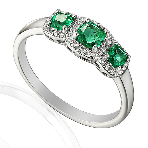 Cushion Cut Emerald & Round Brilliant Cut Diamond 3 Stone Halo Ring