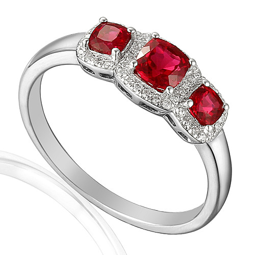 Cushion Cut Ruby & Round Brilliant Cut Diamond 3 Stone Halo Ring