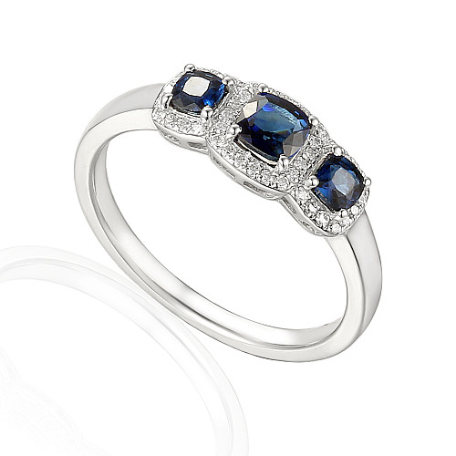 Cushion Cut Blue Sapphire & Round Brilliant Cut Diamond 3 Stone Halo Ring
