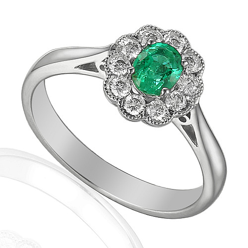 Oval Cut Emerald and Round Brilliant Cut Diamond Claw Set Millgrain Setting Cluster Ring
