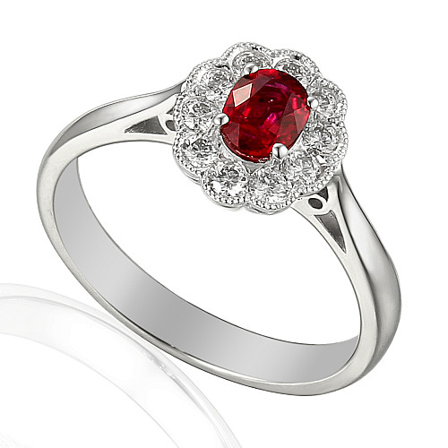 Oval Cut Ruby and Round Brilliant Cut Diamond Claw Set Millgrain Setting Cluster Ring