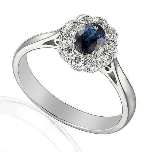 Oval Cut Blue Sapphire and Round Brilliant Cut Diamond Claw Set Millgrain Setting Cluster Ring