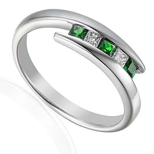 Princess Cut Emerald & Diamond Channel Set Cross Over Ring