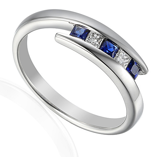 Princess Cut Blue Sapphire & Diamond Channel Set Cross Over Ring