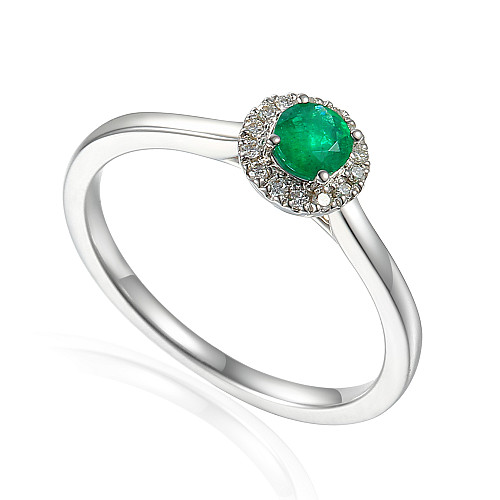 Round Brilliant Cut Emerald & Diamond Claw Set Halo Ring