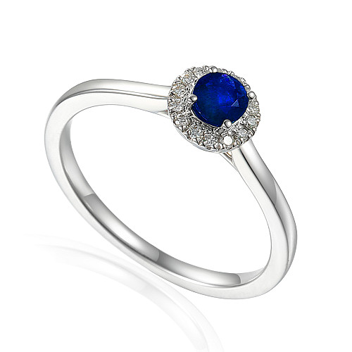 Round Brilliant Cut Blue Sapphire & Diamond Claw Set Halo Ring