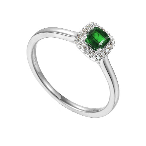 Cushion Cut Emerald & Round Brilliant Cut Diamond Square Claw Set Halo Ring