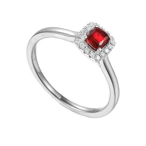 Cushion Cut Ruby & Round Brilliant Cut Diamond Square Claw Set Halo Ring