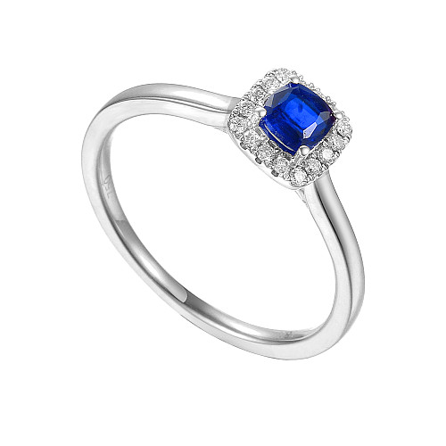 Cushion Cut Blue Sapphire & Round Brilliant Cut Diamond Square Claw Set Halo Ring