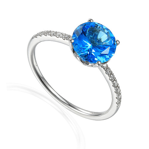 Round Brilliant Cut Blue Topaz & Diamond Claw Set Solitaire Ring
