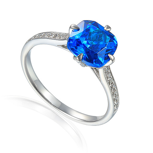 Cushion Cut Blue Topaz with Round Brilliant Cut Diamond Claw Set Solitaire Ring