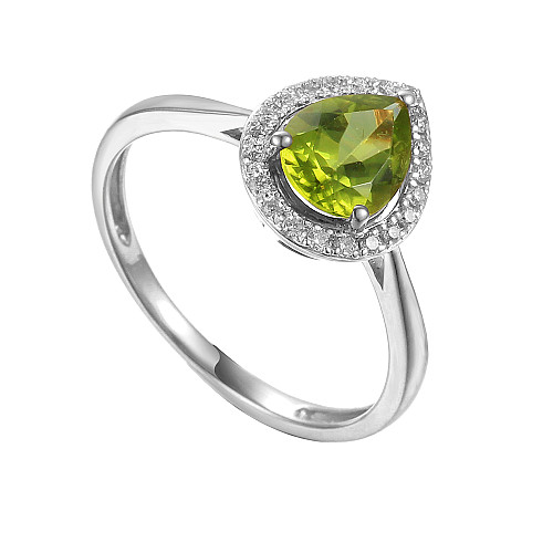 Pear Shape Cut Peridot with Round Brilliant Cut Diamond Claw Set Halo Ring
