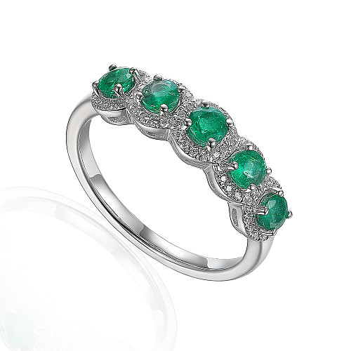 Cushion Cut Emerald & Round Brilliant Cut Diamond 5 Stone Halo Ring