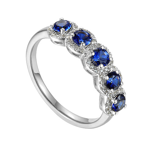 Cushion Cut Blue Sapphire & Round Brilliant Cut Diamond 5 Stone Halo Ring