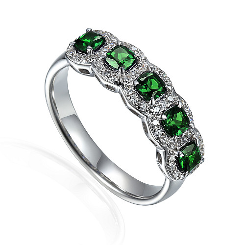 Cushion Cut Emerald & Round Brilliant Cut Diamond 5 Stone Halo Ring