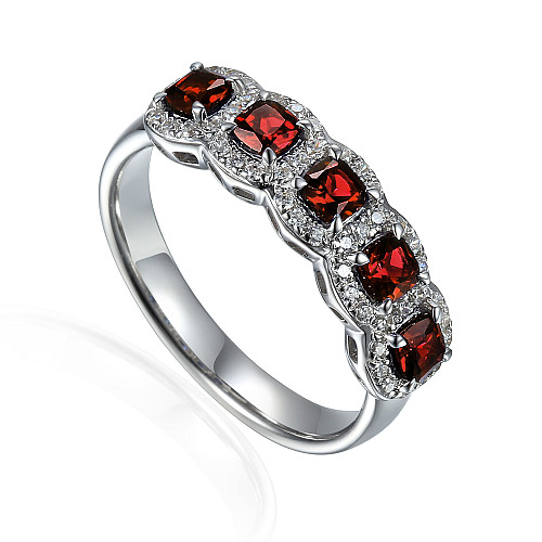 Cushion Cut Ruby & Round Brilliant Cut Diamond 5 Stone Halo Ring