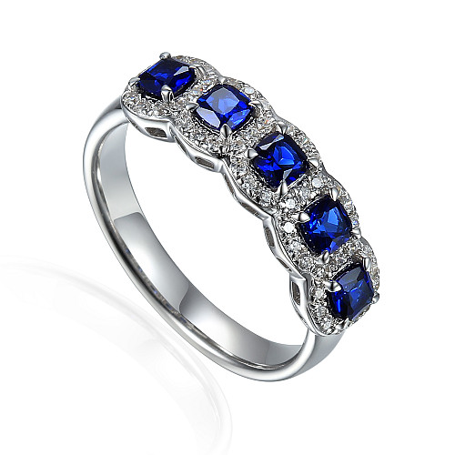 Cushion Cut Blue Sapphire & Round Brilliant Cut Diamond 5 Stone Halo Ring