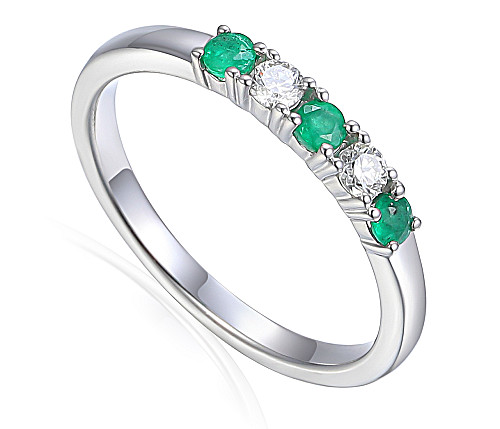 Claw Set Round Brilliant Cut Emerald and Diamond 5 Stone Ring
