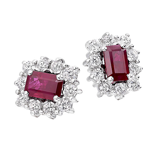 Emerald Cut 6x4 Ruby & Diamond Cluster Earring