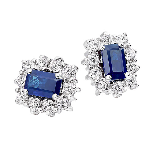 Emerald Cut 6x4 Blue Sapphire & Diamond Cluster Earring