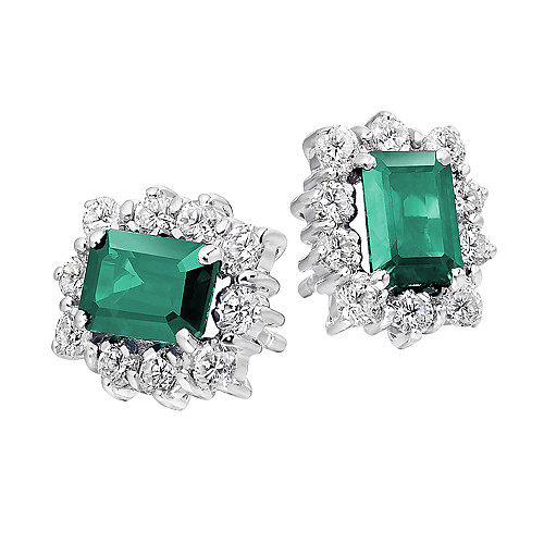 Emerald Cut 7x5 Emerald & Diamond Cluster Earring