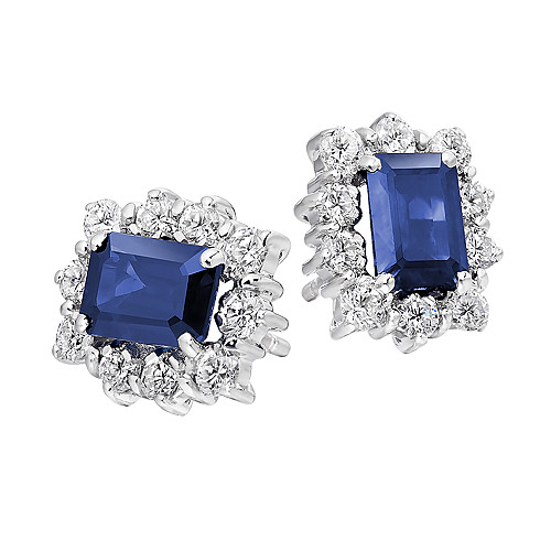 Emerald Cut 7x5 Blue Sapphire & Diamond Cluster Earring