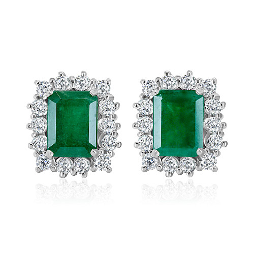 Emerald Cut 8x6 Emerald & Diamond Cluster Earring