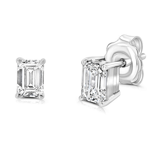 Emerald Cut 4 Claw Diamond Stud Earring