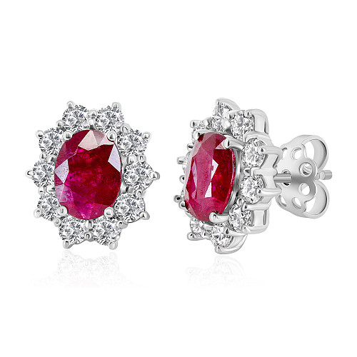 Oval 8x6 Ruby & Diamond Cluster Earring