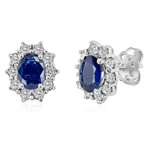 Oval 8x6 Blue Sapphire & Diamond Cluster Earring