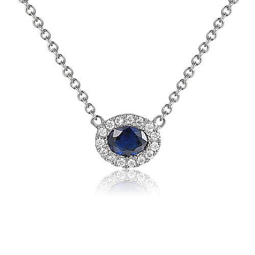 Round Brilliant Cut Blue Sapphire and Diamond Robover And Micro Set Halo Neklace
