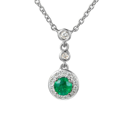 Round Brilliant Cut Emerald & Diamond Halo Drop necklace
