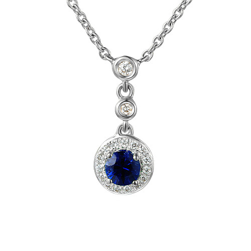 Round Brilliant Cut Blue Sapphire & Diamond Halo Drop necklace