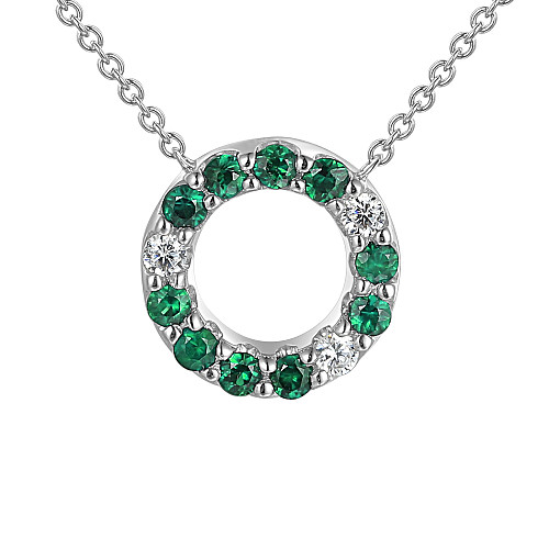Micro Set Round Emerald & Diamond Circle Necklace