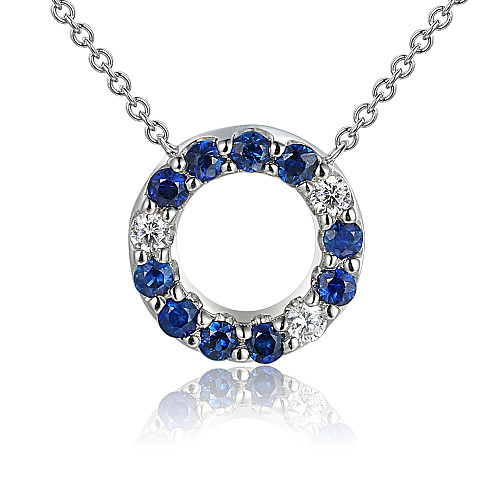 Micro Set Round Blue Sapphire & Diamond Circle Necklace