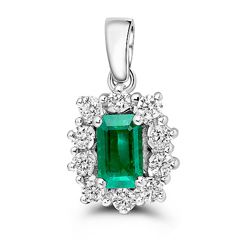 Emerald Cut 6x4 Emerald & Diamond Cluster Pendant