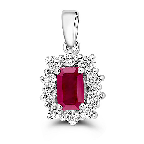 Emerald Cut 6x4 Ruby & Diamond Cluster Pendant