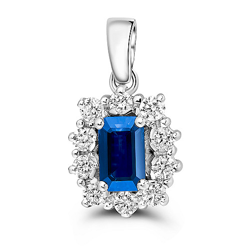 Emerald Cut 6x4 Blue Sapphire & Diamond Cluster Pendant